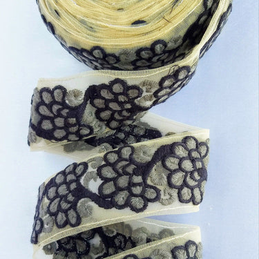 Beige Net Lace Trim With Blue / Black And Grey / Pink Floral Embroidery, Floral Trim, Approx. 45mm wide - 210119L508 / 09/ 10